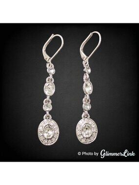 Silver Tone Glass Rhinestone Drop Earrings Oval Halo Dangle 2.1"